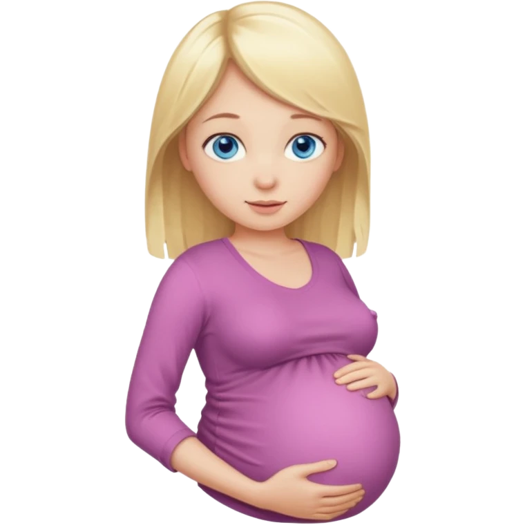 Blonde girl, blue eyes, is showing pregnant belly emoji