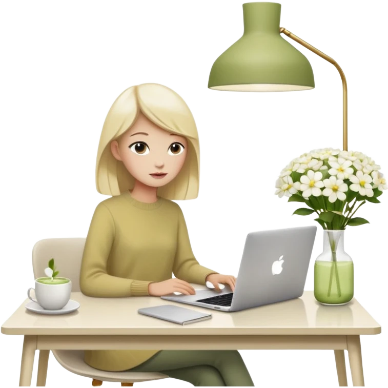 realistic macbook computer, fashion/interior magazines, flowers in a little vase, louis poulsen portable lamp with a dimmed cozy light and a iced matcha. very scandinavian aesthetic emoji