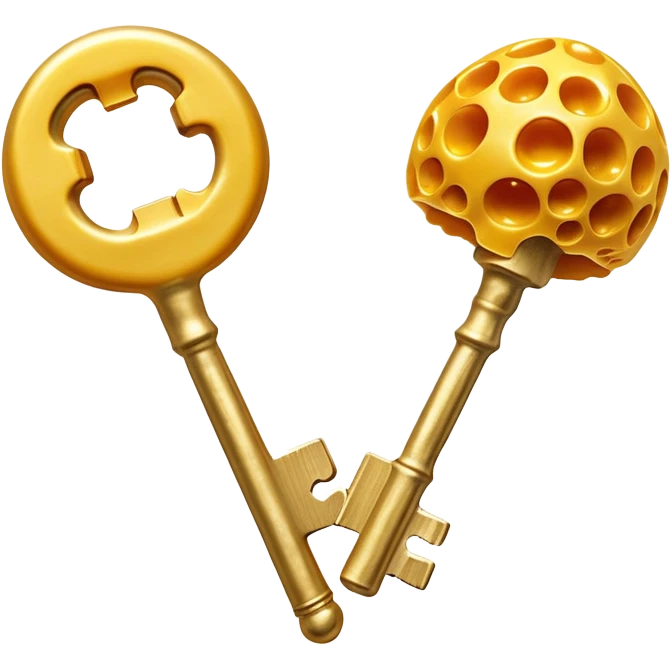 K2-rich foods (cheese, egg yolk, natto) transforming into golden keys that unlock bone structures, guiding glowing calcium particles to strengthen the skeleton. The keys simultaneously block calcium from entering arteries, showing how vitamin K2 acts as a wise guardian of calcium distribution. emoji