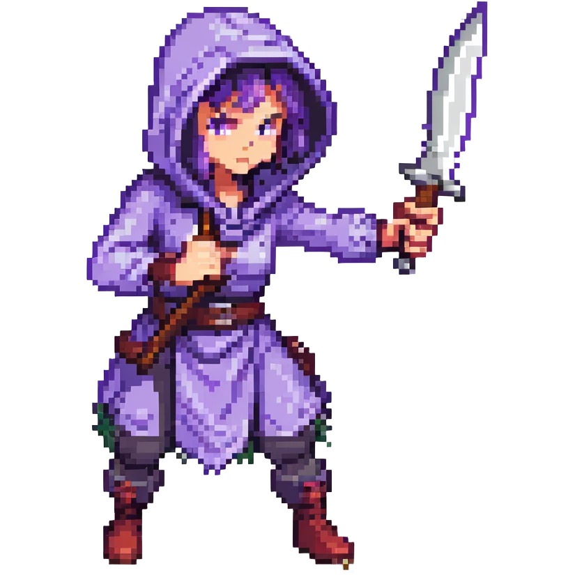 rogue character, female, purple hood, throwing knife, agile stance emoji