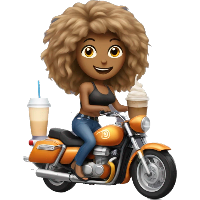 Tina Turner riding a motorbike and drinking iced coffee emoji