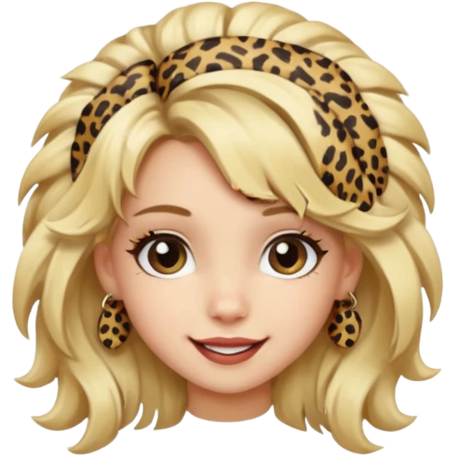 Une fille blonde et joyeuse. Elle porte une coiffure rock et originale avec des barrettes pour cheveux  léopard et motif peau de vache. emoji