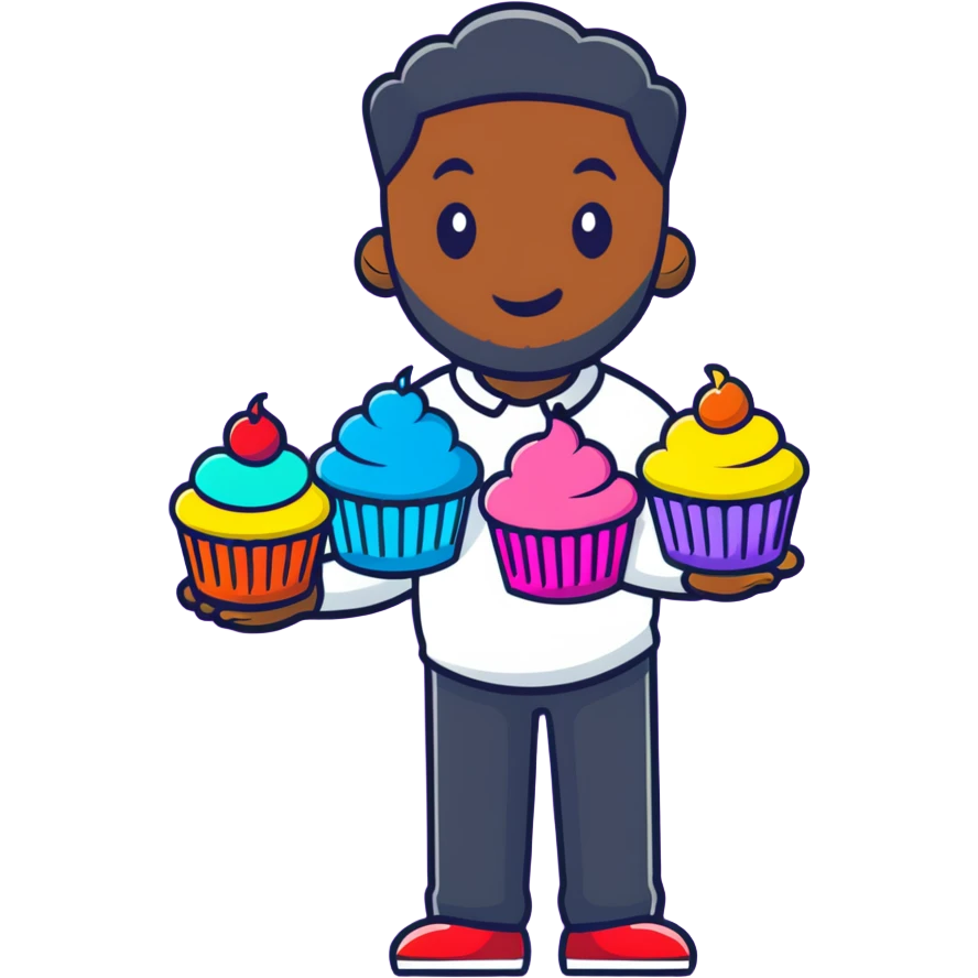 Cheerful large African American man holding colorful cupcakes emoji