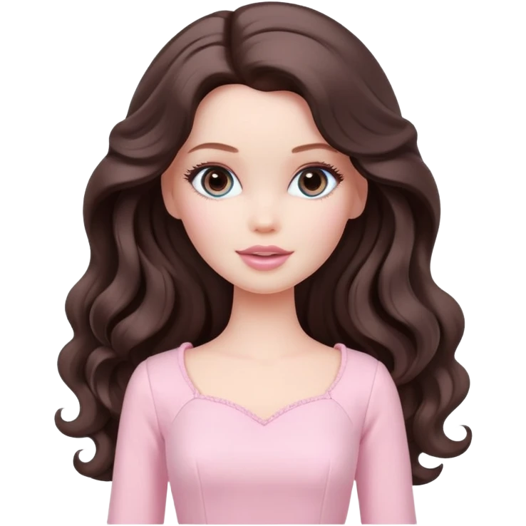A white Barbie girl with long dark brown wavy hair in pale pink clothes has loving look emoji