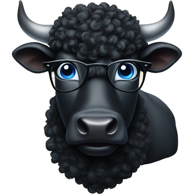 Black bull with curly and blue eyes and glasses emoji
