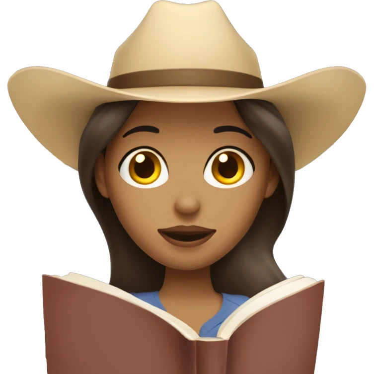 Brunette Woman with light skin & hazel eyes with cowboyhat reading a book emoji