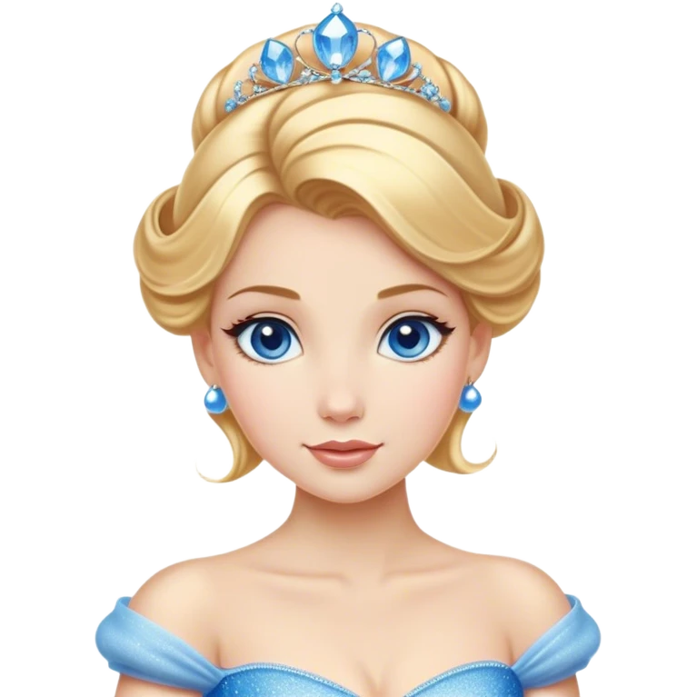  "Cinematic Adorable Elegant Cinderella Portrait Emoji, Head tilted gracefully with sparkling blue eyes, delicate fair skin, and elegantly styled golden-blonde hair in a soft updo, wearing her signature shimmering blue ball gown (chest and above). Simplified yet regal features, highly detailed, glowing with a soft, enchanting radiance, high shine, serene and graceful, stylized with a touch of fairy-tale elegance, bright and endearing, soft glowing outline, capturing the essence of a timeless princess, so magical it feels like she could waltz into a dream!" emoji