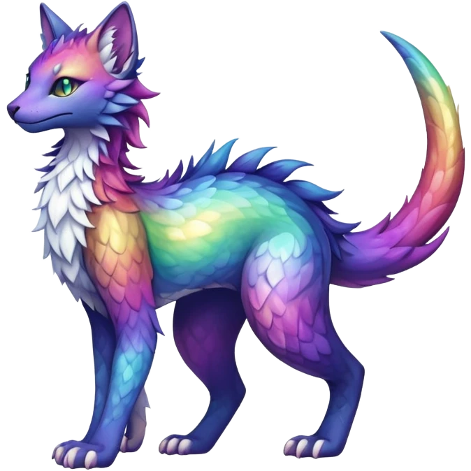 Kawaii dark rainbow iridescent fantasy ethereal feline-vernid-sergal-fursona animal creature with a tufted tail full body with intricate markings emoji