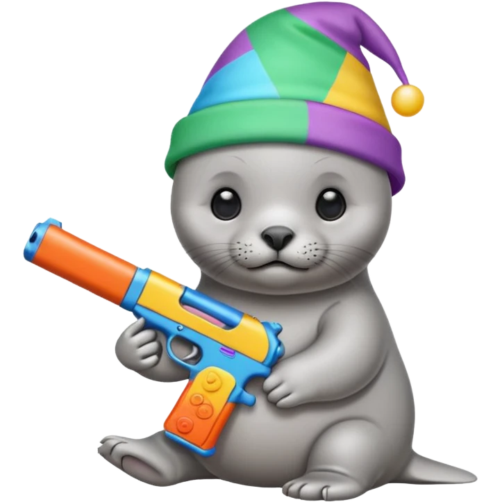 Baby seal wearing birthday hat holding a gun emoji