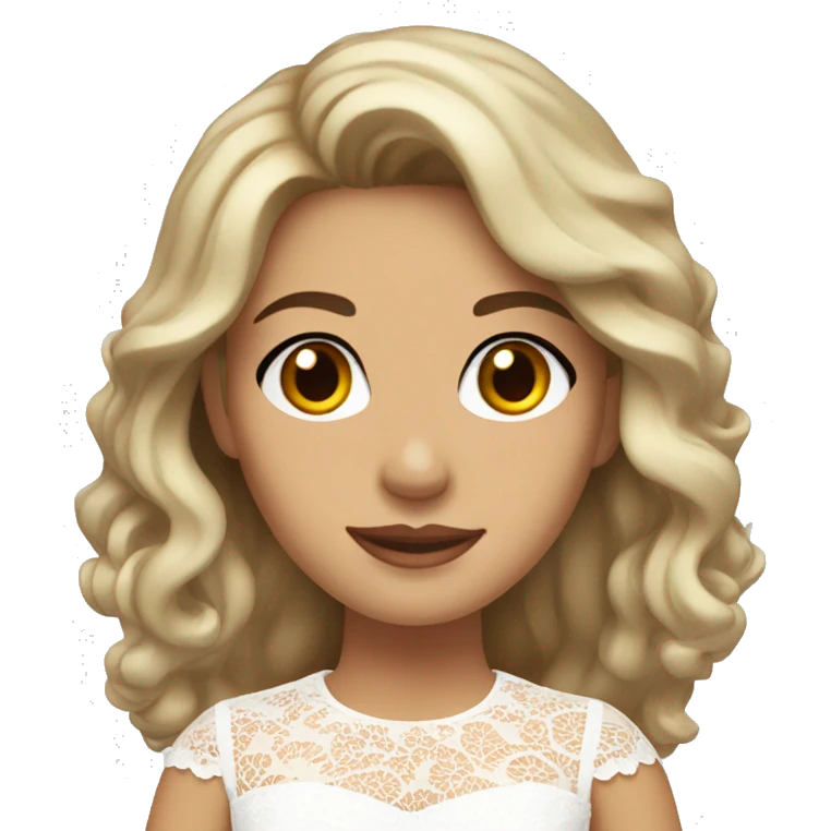 Adult woman with brown eyes, light tanned skin, long wavy dark brown hair, wearing a white lace dress emoji