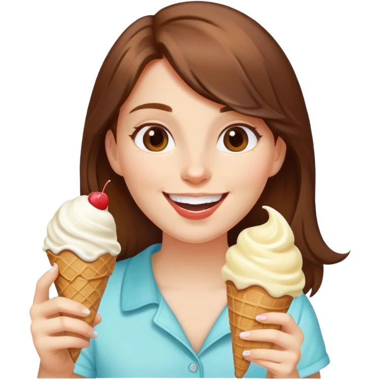 girl with brown hair slurping ice cream cone that’s vanilla flavour smiling super happily  emoji