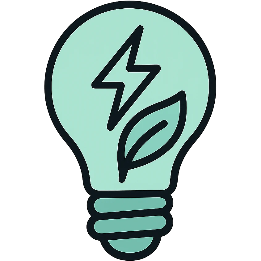 Energy lightbulb with electric bolt and leaf inside, fluid dimensional design, techy style, black outlines with mint green #B5F4D3 fills emoji