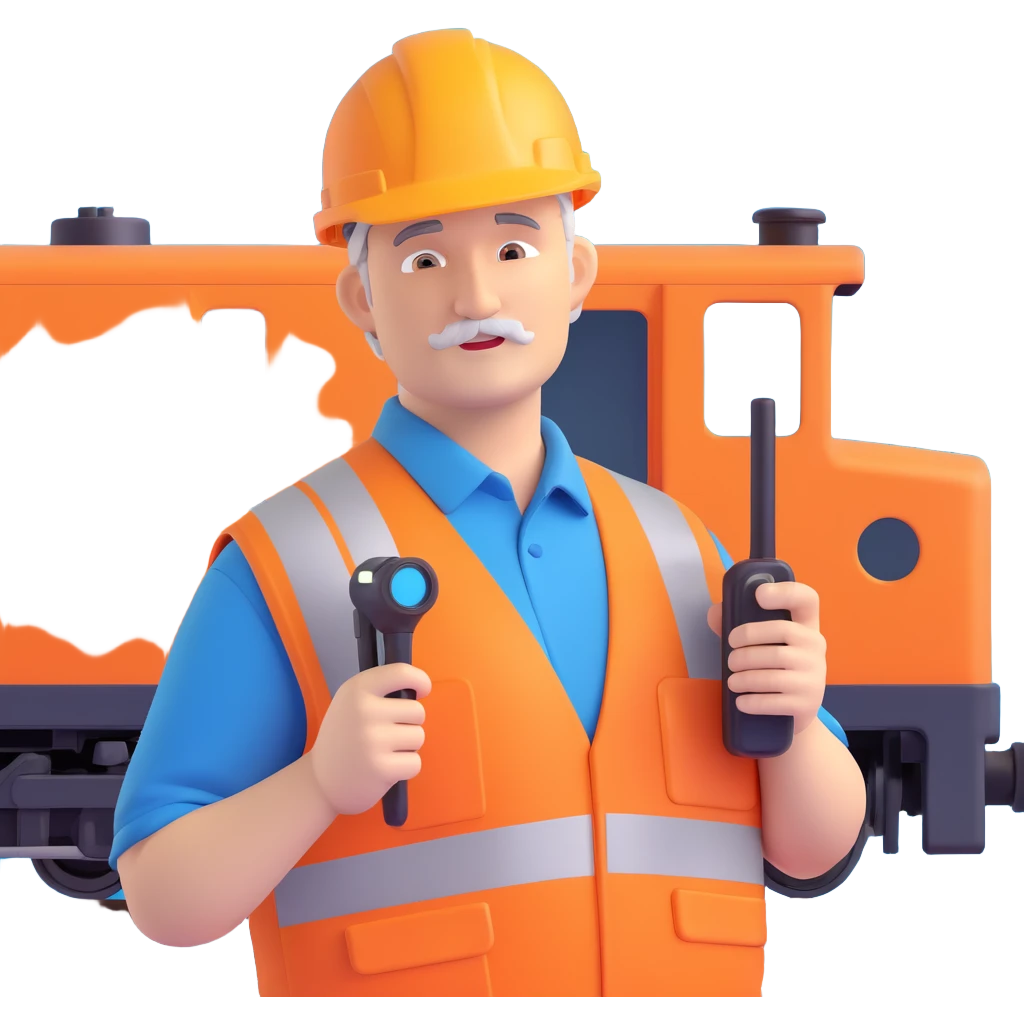 friendly middle-aged man in Network Rail uniform: orange vest, hard hat, holding a walkie-talkie, standing by a train emoji