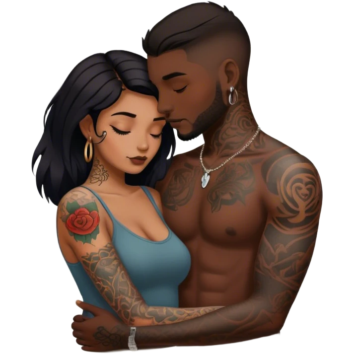 intimate moment between lovers🍒, 👀JetSetFly , photo Realistic sfw pose Couple with tattoos , Tefi Valenzuela emoji