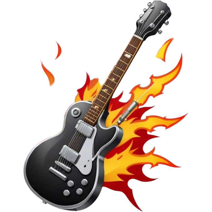 Create a bold and dynamic emoji representing rock vocal performance in a humanless collage. The design should feature a vintage microphone at the center, surrounded by key rock elements like an electric guitar, drumsticks, and a guitar pick. Include symbols of energy, such as lightning bolts or flames, and subtle musical notes or sound waves to evoke the raw power of rock vocals. Use dark, bold colors like black, silver, and red, with hints of chrome or metallic accents to convey the edgy, rebellious spirit of rock music. The background should be transparent. emoji