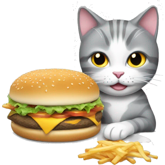 grey and white cat eating a cheeseburger emoji