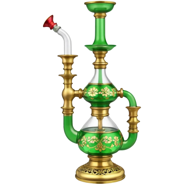 Brass hookah with green design on a glass water base on the top; with two pipes from the side all pouting on top emoji