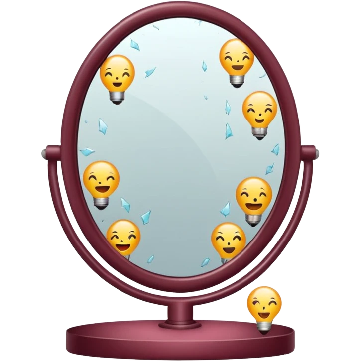 Minimalist emoji-style sticker of a vanity mirror with dim bulbs and cracked glass, words “Am I real yet?” smeared in dusty lipstick tone


 emoji