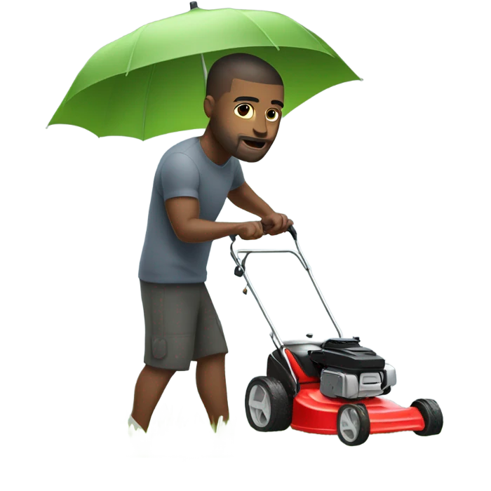 A muscular white man with tattoos cutting grass with a lawn mower with umbrella emoji