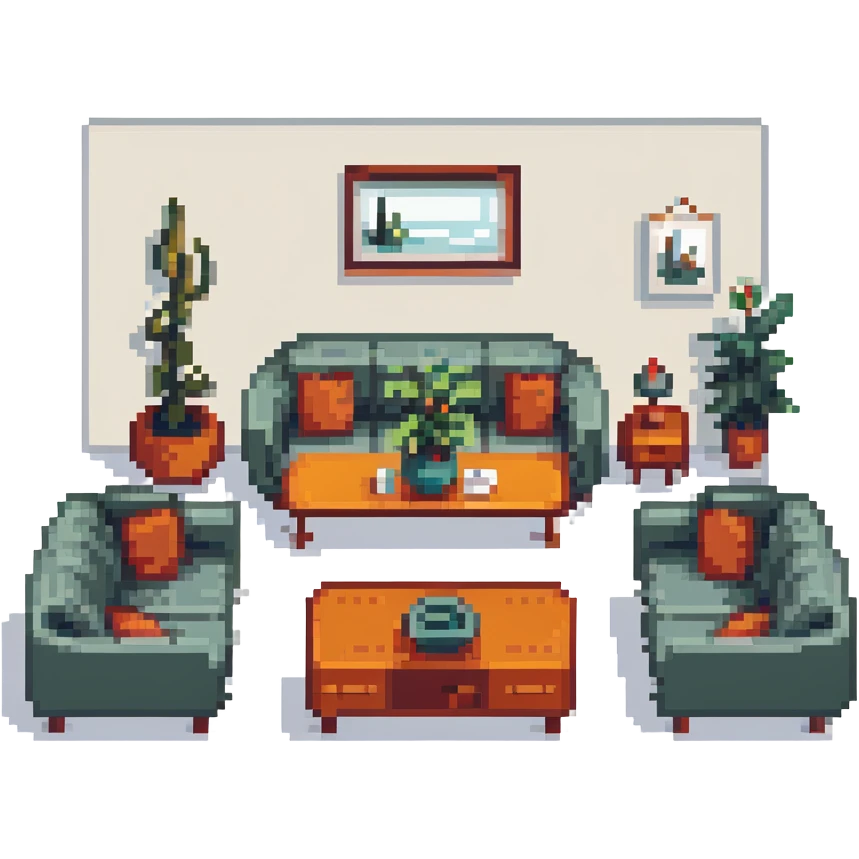 escenary 3d of a cozy mid-century living room with two people working on laptops, one man standing at a desk, and one woman sitting on a couch emoji