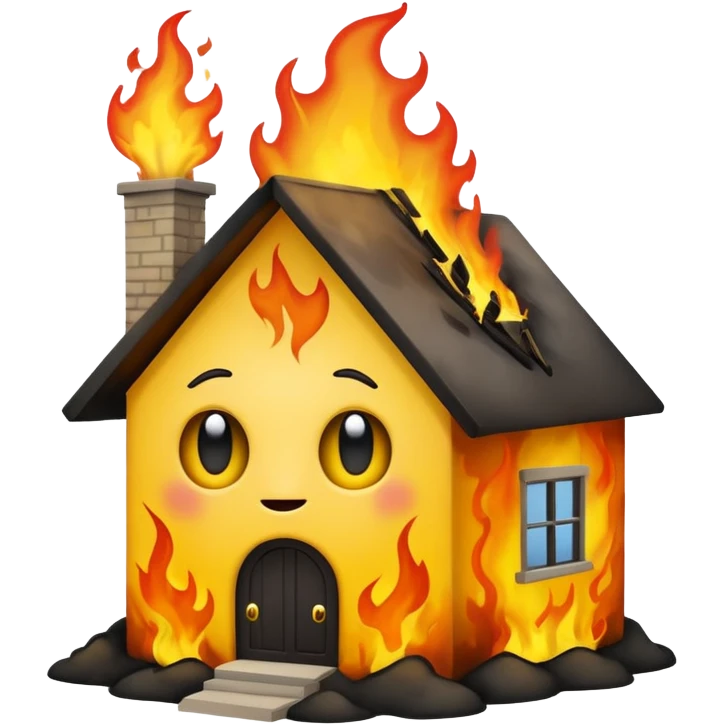 Create a comically crazy looking emoji that looks lost and confused. Have it related to emotional damage for theme with a house burning in background emoji