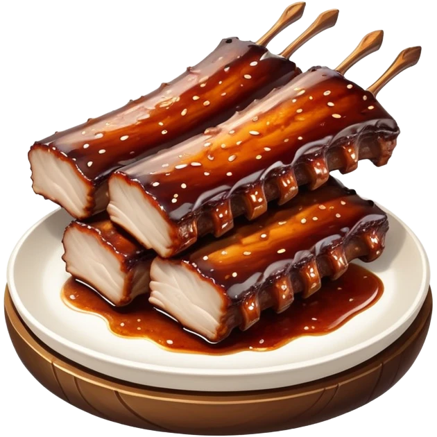 cinematic-realistic-barbeque-ribs-dish-emoji,-depicted-as-succulent,-slow-cooked-ribs-with-a-sticky-smoky-glaze-rendered-with-rich-textures-and-dynamic,-appetizing-lighting. baby back spare ribs emoji