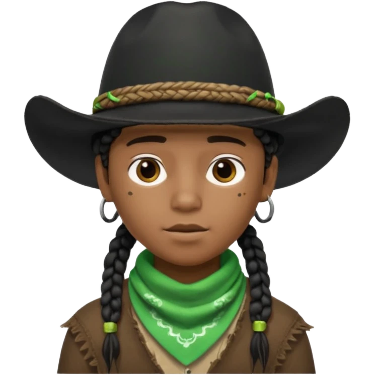 Black boy with short box beaids wearing a black cowboy hat with green bandana around his neck emoji