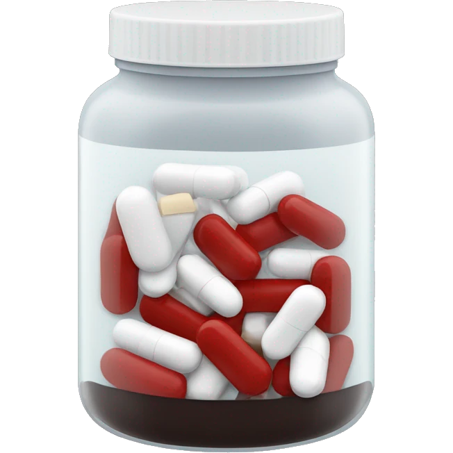 dark tinted supplement jar with pills that are half white and half red inside emoji