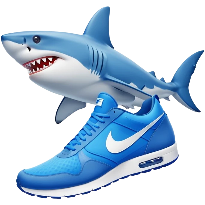 Crea un tiburón con zapatos azules de marca Nike con el logo Nike en blanco emoji