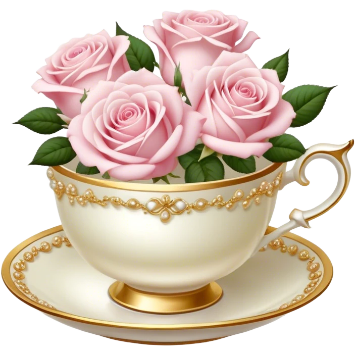 Elegant arrangement of pale pink roses in a pearl teacup with gold trim, vintage-style. emoji