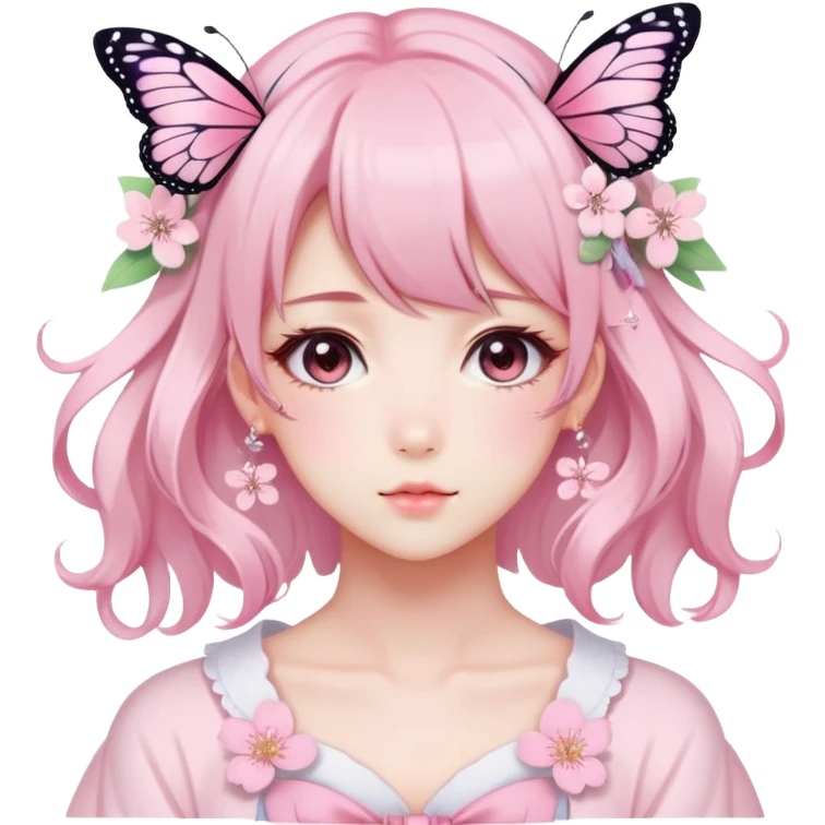 A Gorgeous Beautiful Anime Lady Sakura Cherry Blossom and Pretty Hair, pastelcore aesthetic, pastel pink and white, butterfly, Fairycore emoji