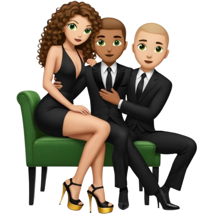 Sensual woman green eyes woman only brown long curly hair evil,with 7 inch platform stripper high heels long low cut black dress, man is touching woman’s butt, sitting on a buzz cut hair brownman’s pimp lap, holdingwomans butt man is wearing a black suit emoji