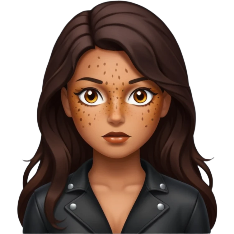 Tan skin with freckles, long dark hair, hazel eyes Dominatrix  emoji