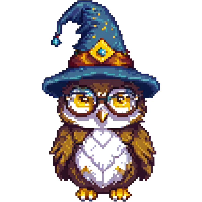 owl with a purple wizard hat and glasses pixel art emoji