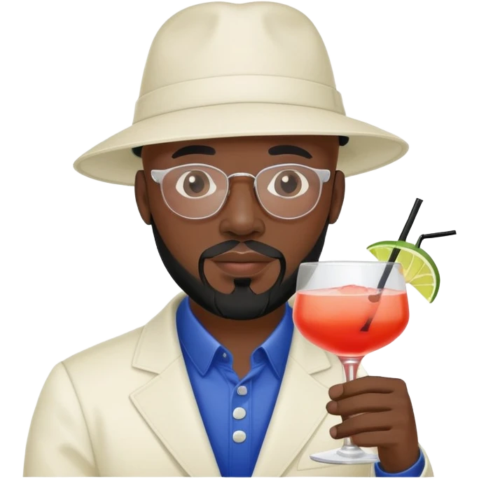 Bald dark skin man, goatee and beard, wearing balenciaga hat, drinking a cocktail emoji
