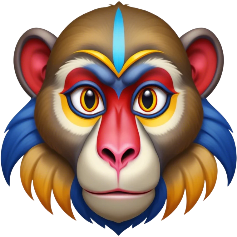 Cinematic Noble Mandrill Portrait Emoji, Poised and regal, with a striking, powerful build and a vivid, multicolored face accented by bold blue, red, and yellow hues, deep-set soulful eyes, Simplified yet sharp and sophisticated features, highly detailed, glowing with a vibrant, dignified glow, high shine, intelligent and commanding, stylized with an air of exotic majesty, focused and attentive, soft glowing outline, capturing the essence of a watchful and confident primate, so majestic it feels as though it could step out of the screen with effortless authority! emoji