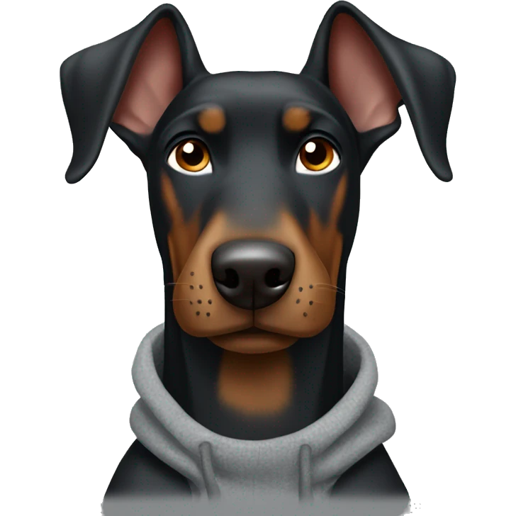 a black Doberman with brown spots smiles widely, it should be clear that he is wearing a gray sweatshirt and glasses with black frames emoji