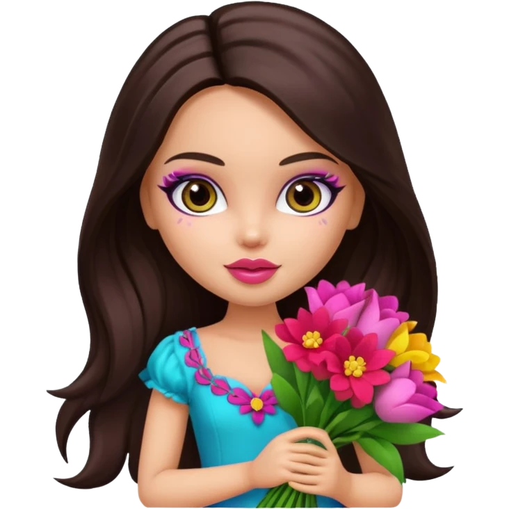  pretty bratz doll with makeup , long dark brown hair holding big bouquet of flowers  emoji