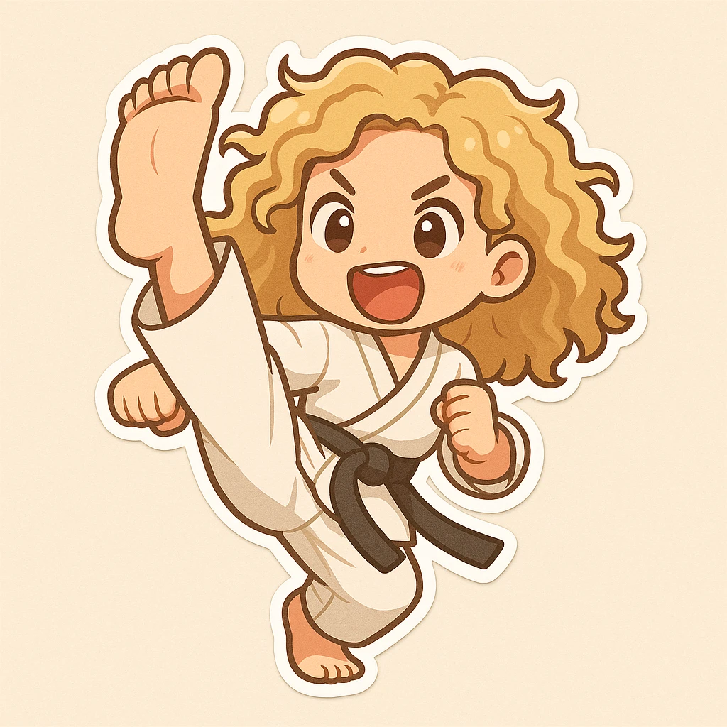 Full length shot of a blonde curly haired woman doing a karate kick, cartoon emoji style with a simple background, in chibi stickers style. emoji