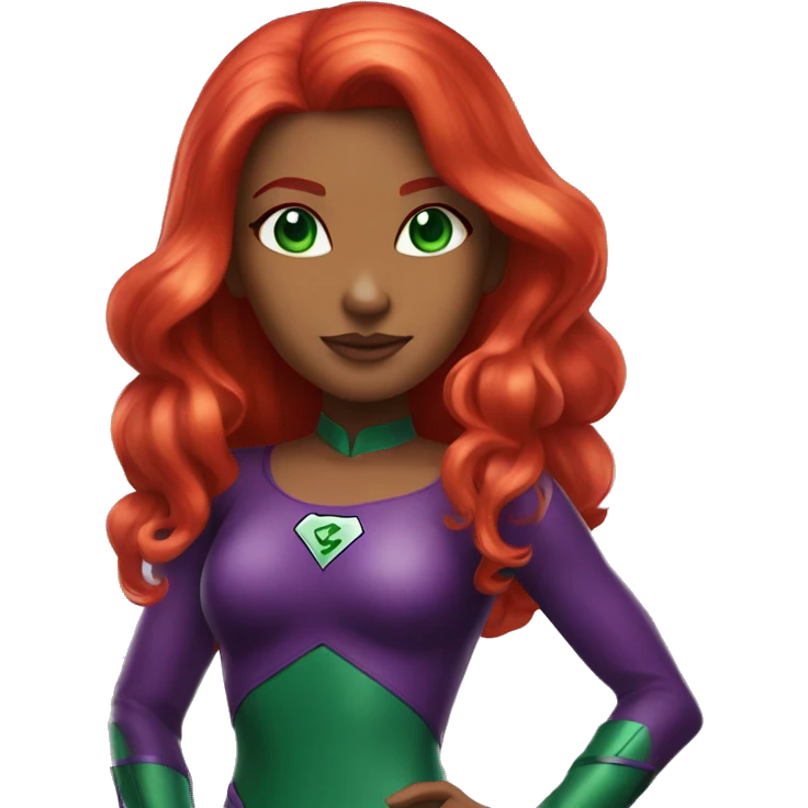 dc comics starfire firey red hair; purple outfit; emerald green eyes emoji