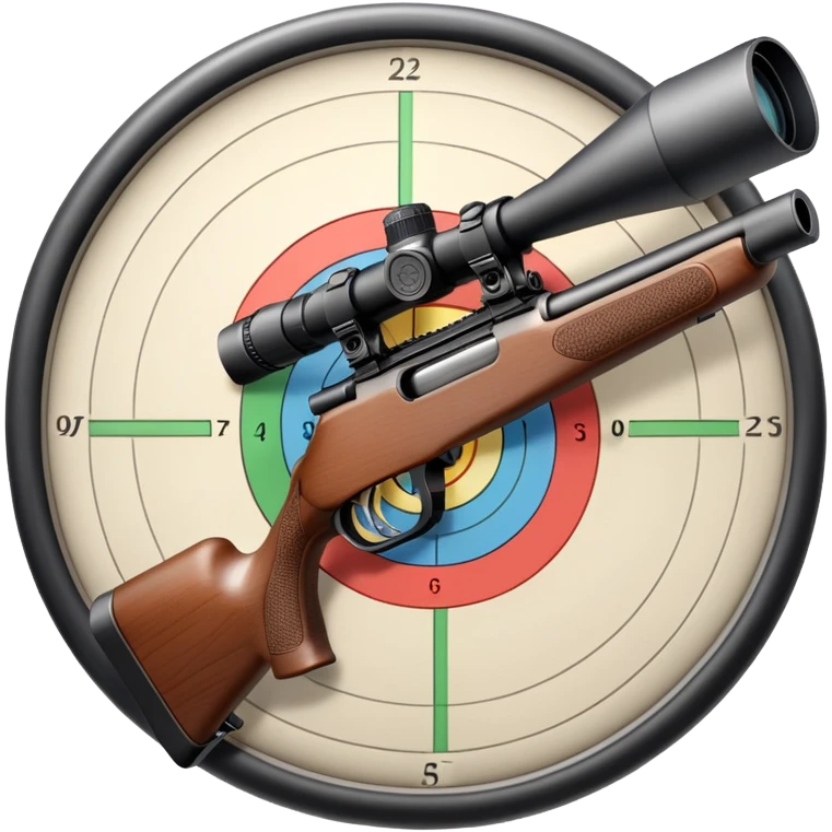 A detailed rifle with a scope, pointing towards a perfectly centered target with concentric rings. The scene highlights the precision and focus required in sports shooting, with no shooter in sight, just the rifle and target in a calm, focused setting. emoji