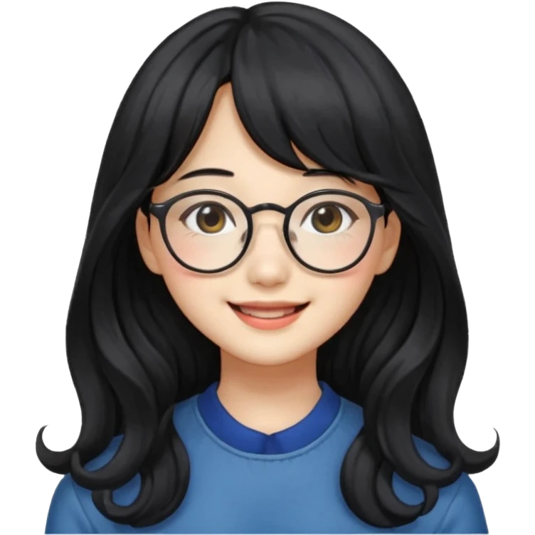 Please generate a portrait of a pretty girl with long, wavy, black hair. She's smiling. She also wears a middle parting and bangs. with glasses pink wonyoungsim from ive fom kpop group emoji
