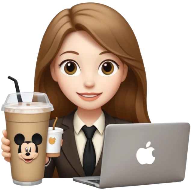 Women in front of laptop has a Mickey sticker, with a happy face, face a little fuller, long light brown hair, light brown big eyes, light pale skin with a iced coffee on the side, business attire emoji