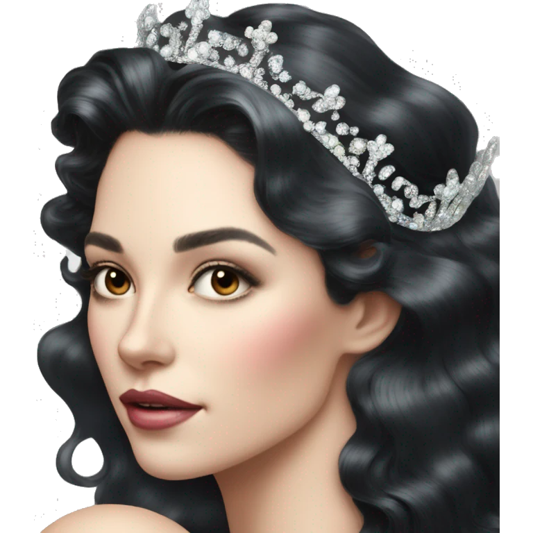 Regal pretty woman photograph defined cheekbones crown vintage with very long iridescent black and silver hair wavy black hair pearl crown iridescent emoji