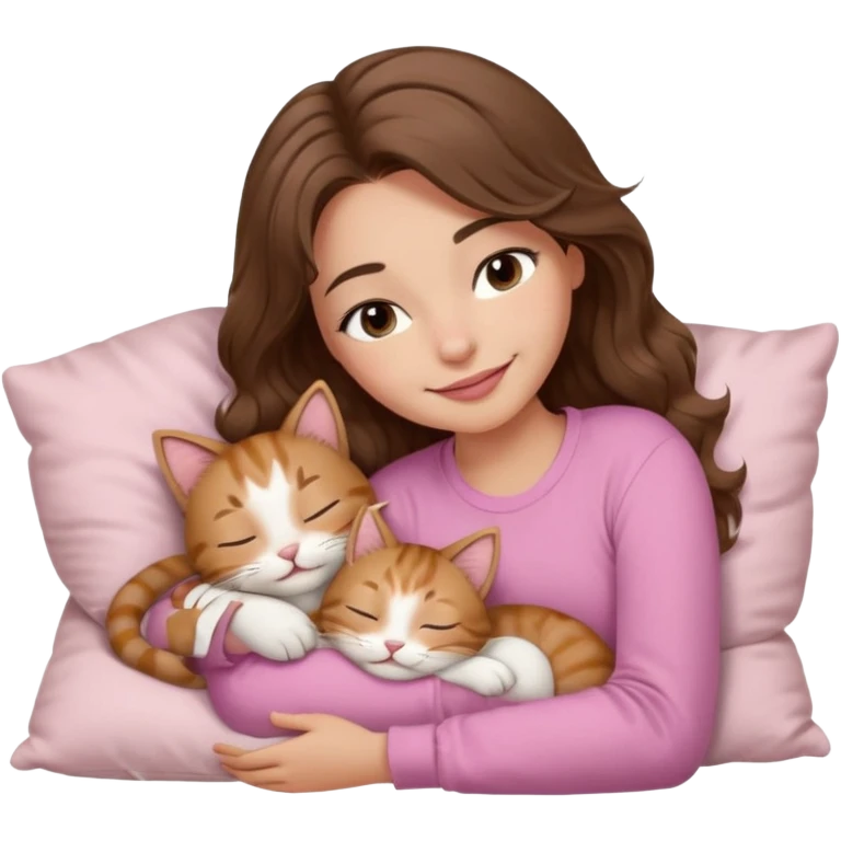 girl with wavy long brown hair, brown eyes, light to medium complexion, long lashes, light pink lipstick, smiling, wearing light pink shirt, sleeping on a cozy pillow, cuddling a tabby cat  emoji