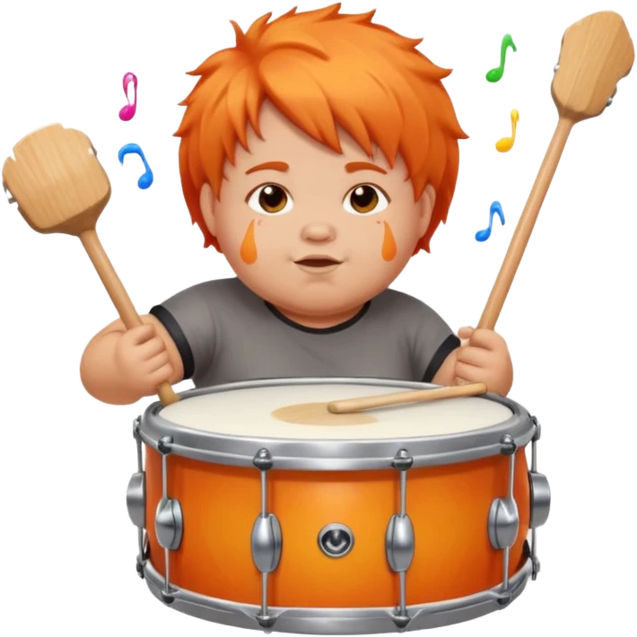 A chubby orange hair fan pounding a bass drum, cheeks puffing with energy with paints on his cheeks emoji