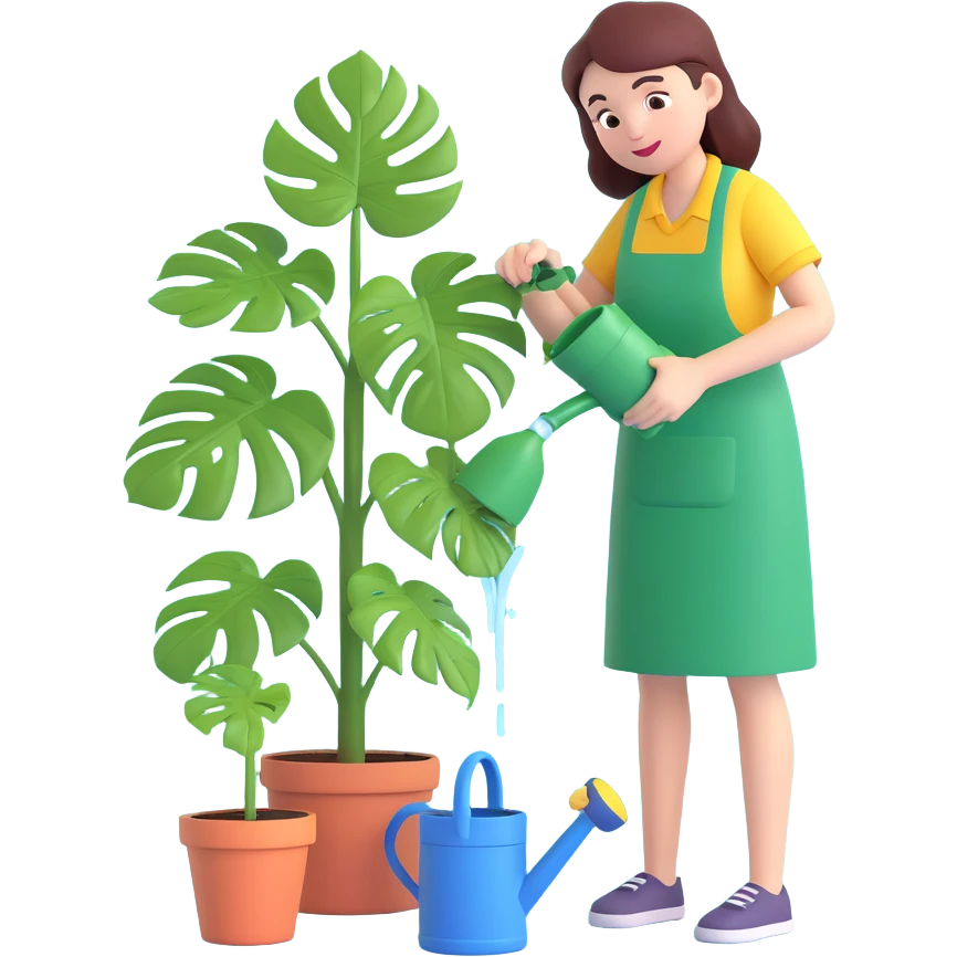 woman watering her monstera plant emoji