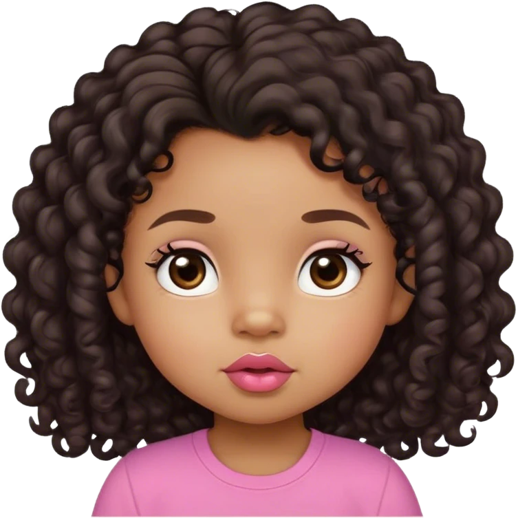 light brown skin tone, very adorable toddler, with big plump lips, long long lashes, black curly long hair, brown eyes, pink shirt emoji
