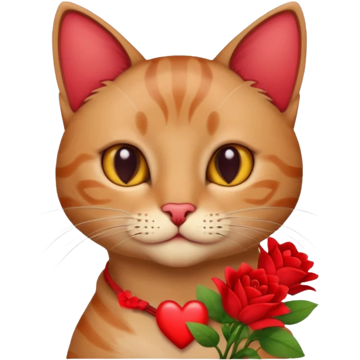 Male cat holding red flowers and heart emoji