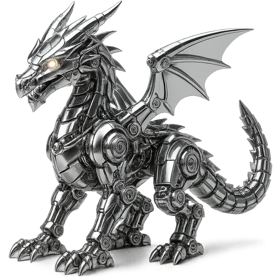 mechanical robotic dragon with chrome plating, glowing eyes, intricate gears and joints, 1:1 aspect ratio emoji